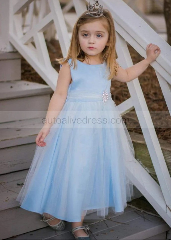 Sky Blue Satin Tulle Tea Length Sweet Flower Girl Dress